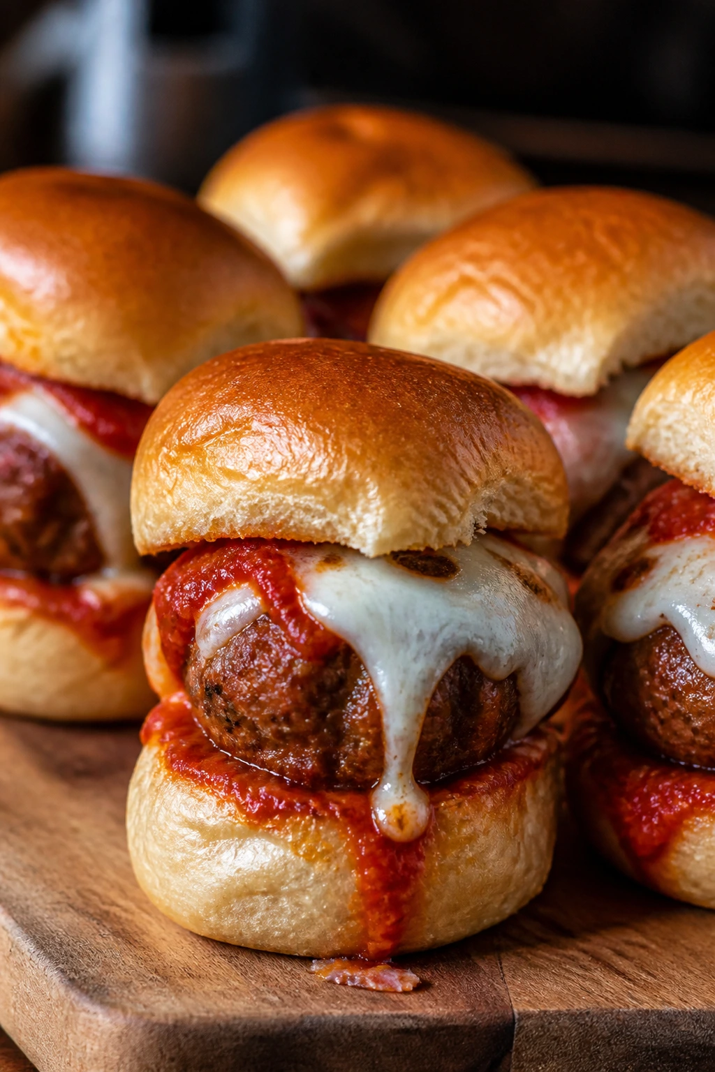 Meatball sliders with marinara and mozzarella on soft buns