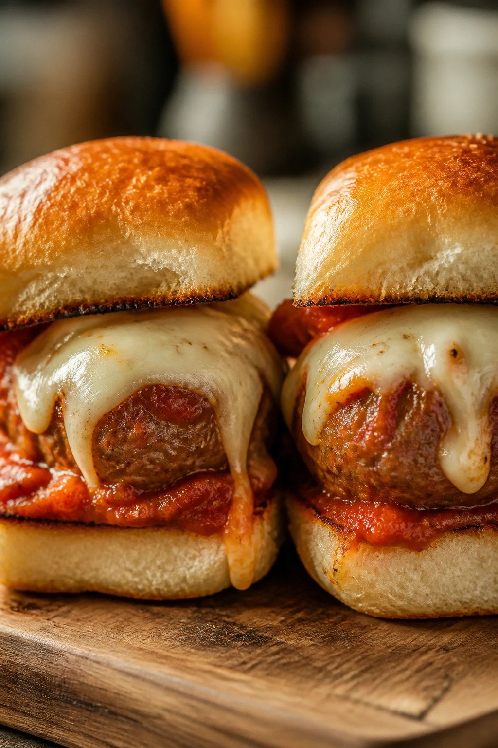 Two classic meatball sliders with marinara and melted mozzarella on a wooden board