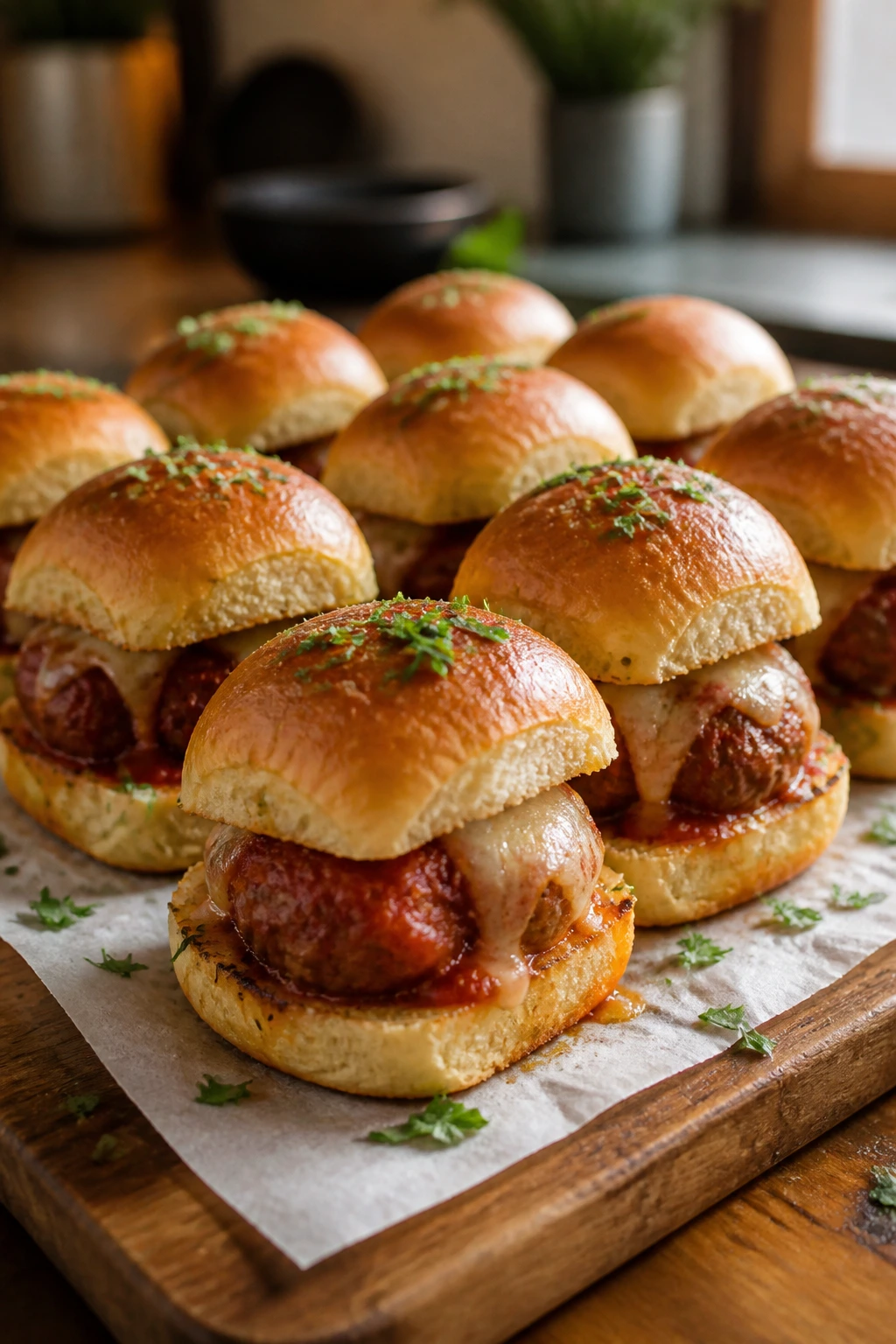 Close-up of meatball sliders on parchment with parsley, warm kitchen lighting