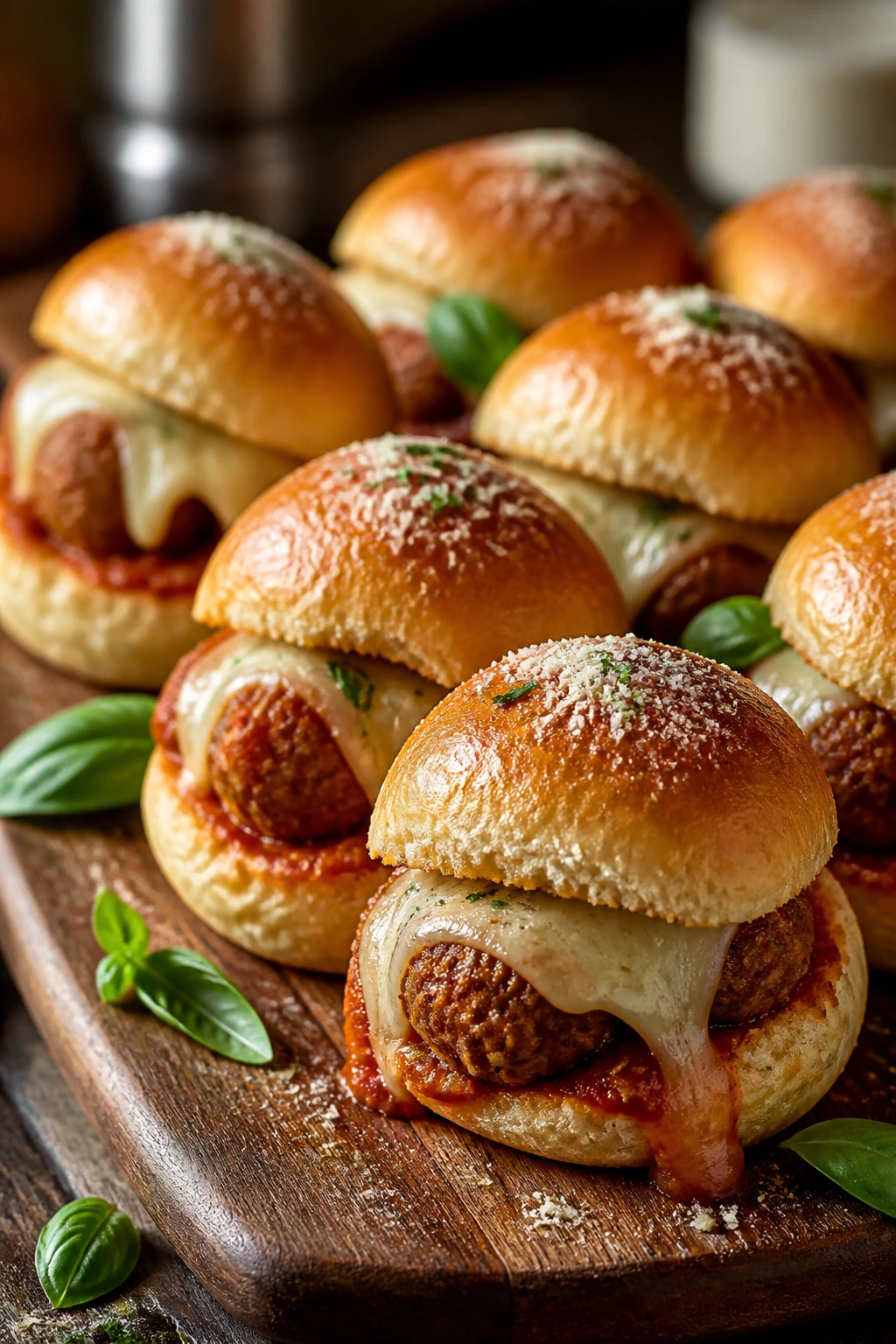 Sliders neatly arranged on wooden board with basil garnish