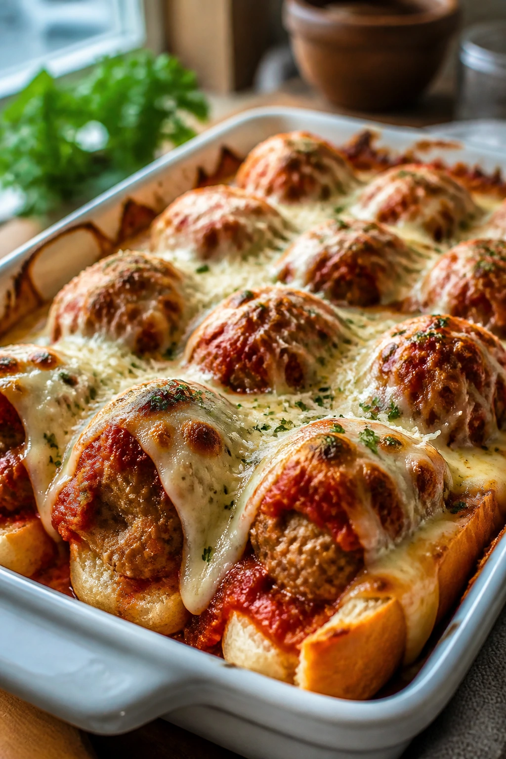 Bubbling meatball subs with melted cheese in a baking dish