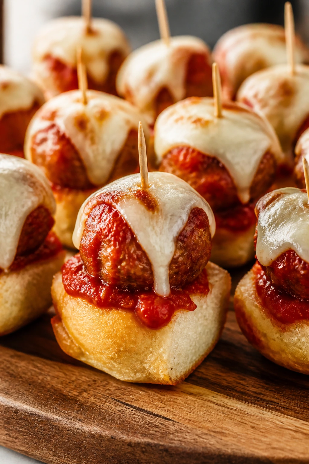 Close-up of meatball sub bites on a wooden board