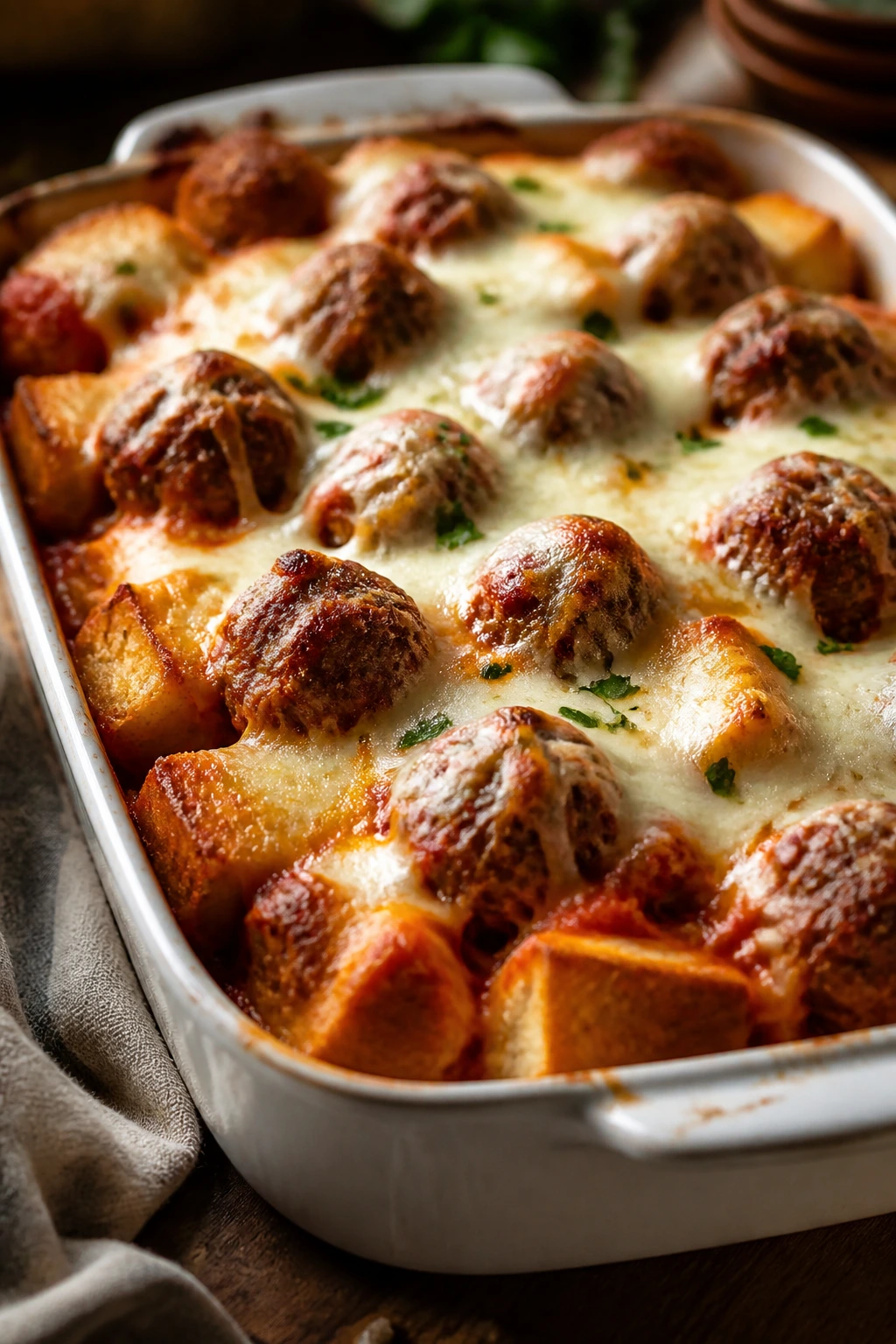 Close-up of meatball sub casserole with melted cheese
