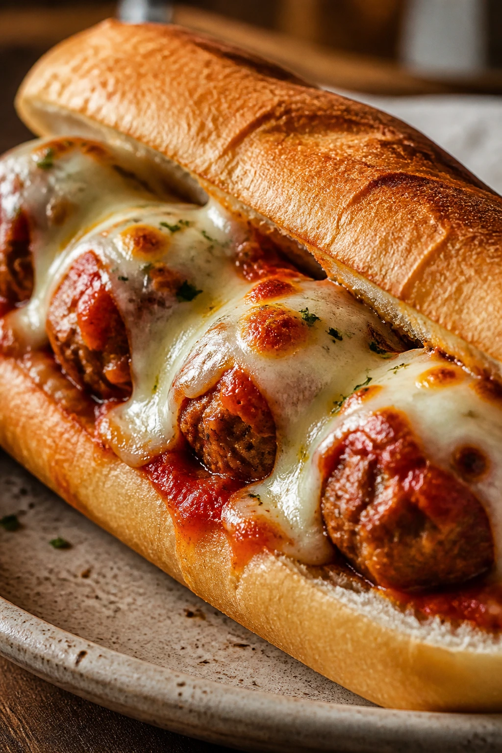 Meatball sub with melted mozzarella on a plate