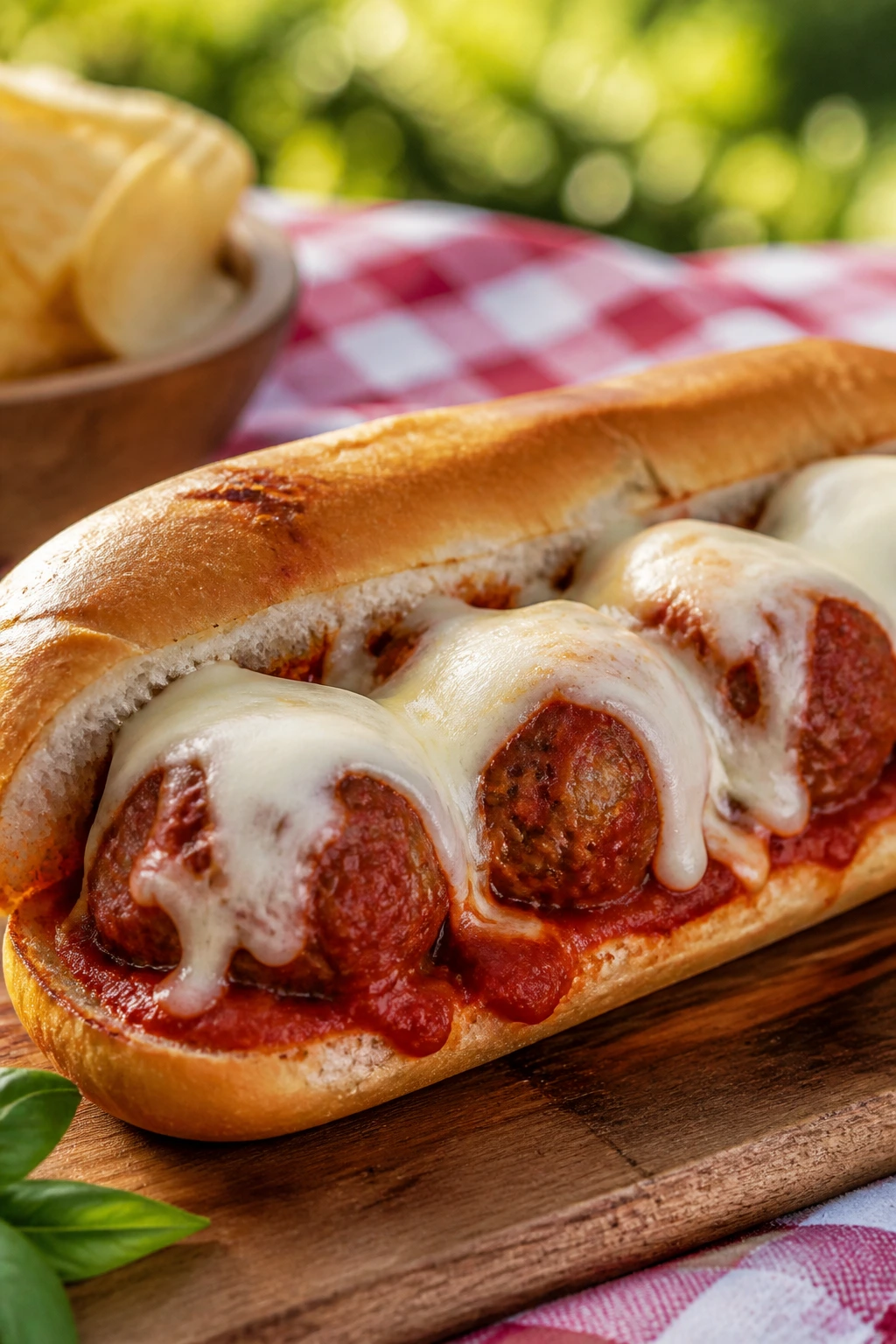 Close-up of a meatball sub with mozzarella on a wooden board outdoors