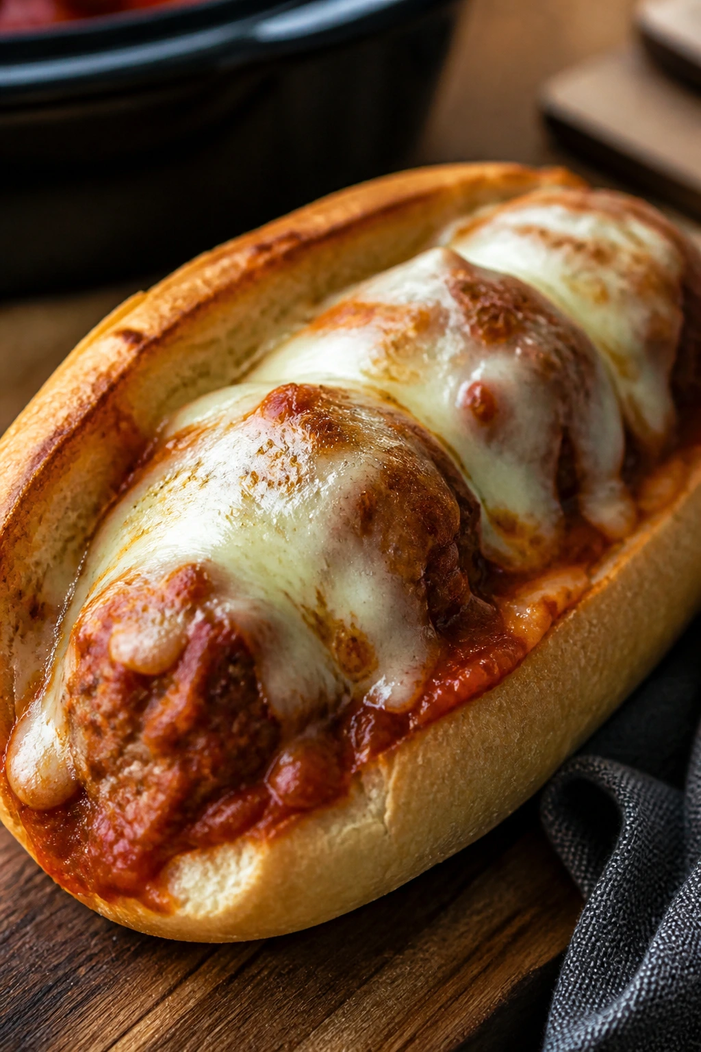 Close-up meatball sub with melted mozzarella on a toasted roll