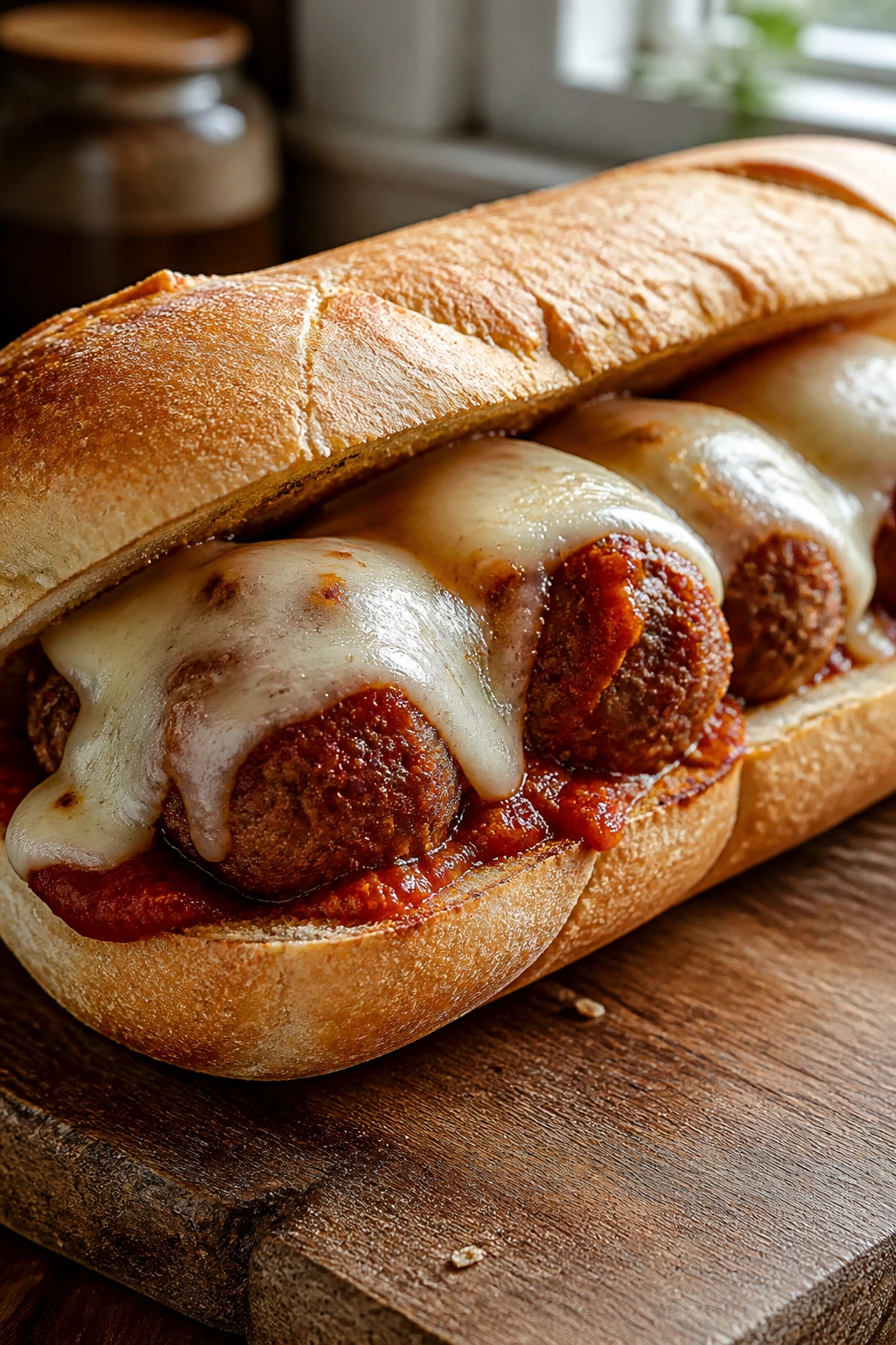 Close-up of a meatball sub with melted provolone on a crusty roll