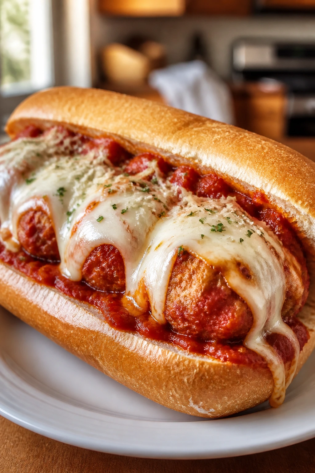 Close-up of a meatball sub sandwich with melted cheese on a plate