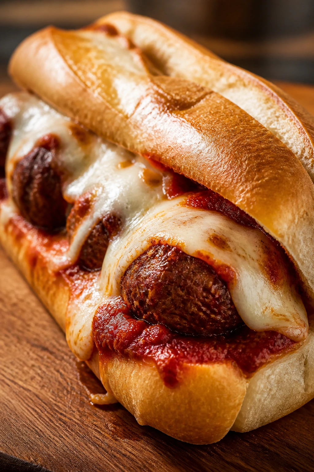 Close-up of a meatball sub with melted cheese on wooden board