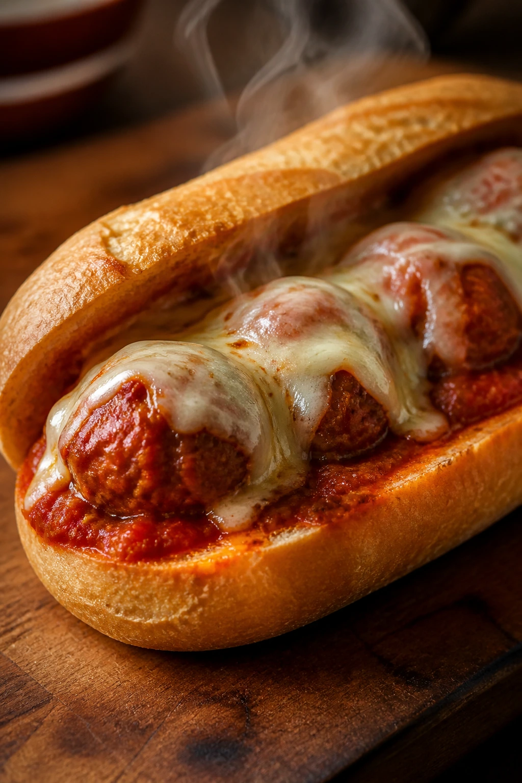 Close-up of a frozen meatball sub sandwich with marinara and melted cheese