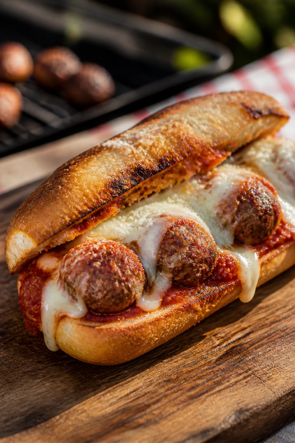 Close-up view of a grilled meatball sub sandwich with melted mozzarella on a toasted hoagie