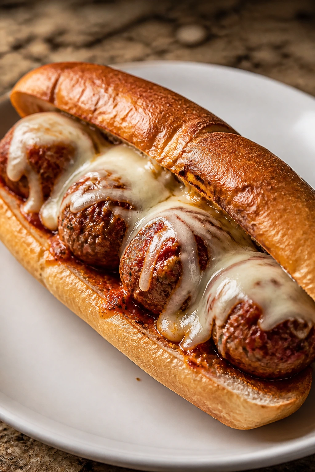 Close-up of a meatball sub sandwich with marinara and melted cheese