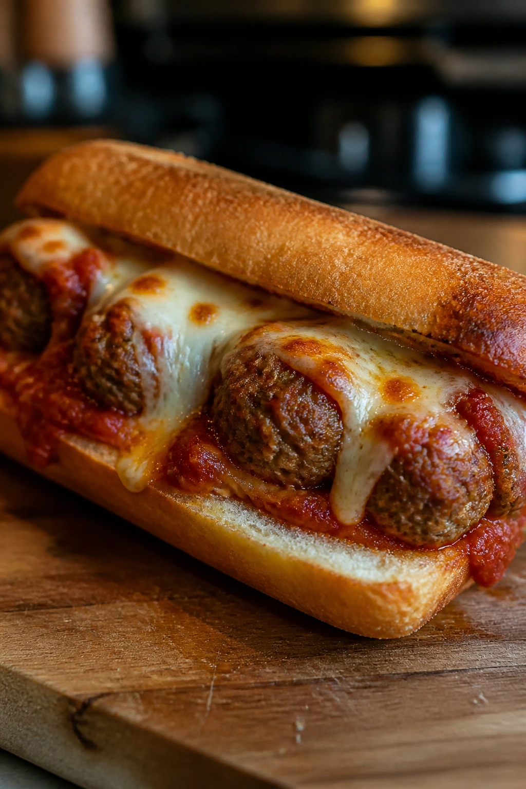 Close-up of a loaded meatball sub on a cutting board with melted cheese and marinara