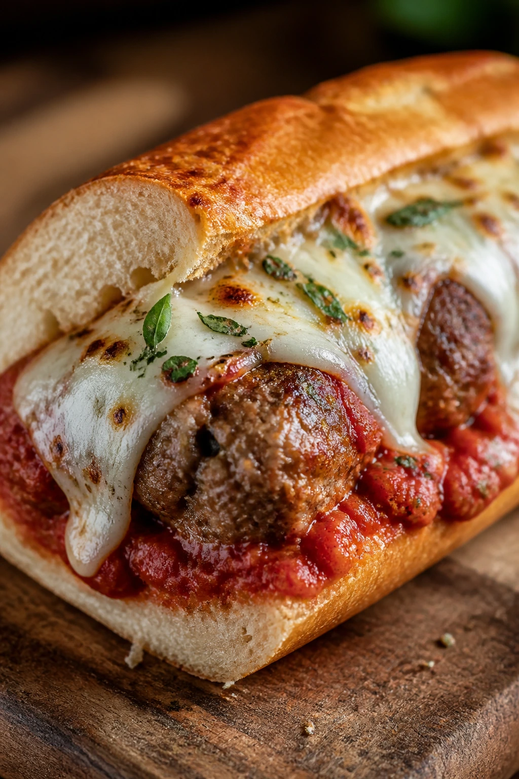 Close-up of a sausage meatball sub coated in marinara and cheese