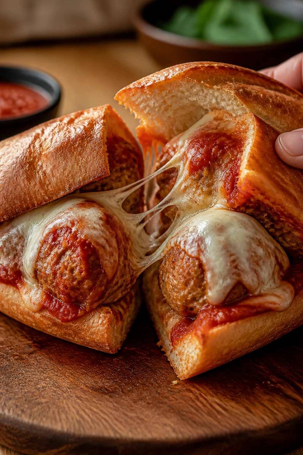 Close-up of a meatball sub with melted mozzarella and marinara