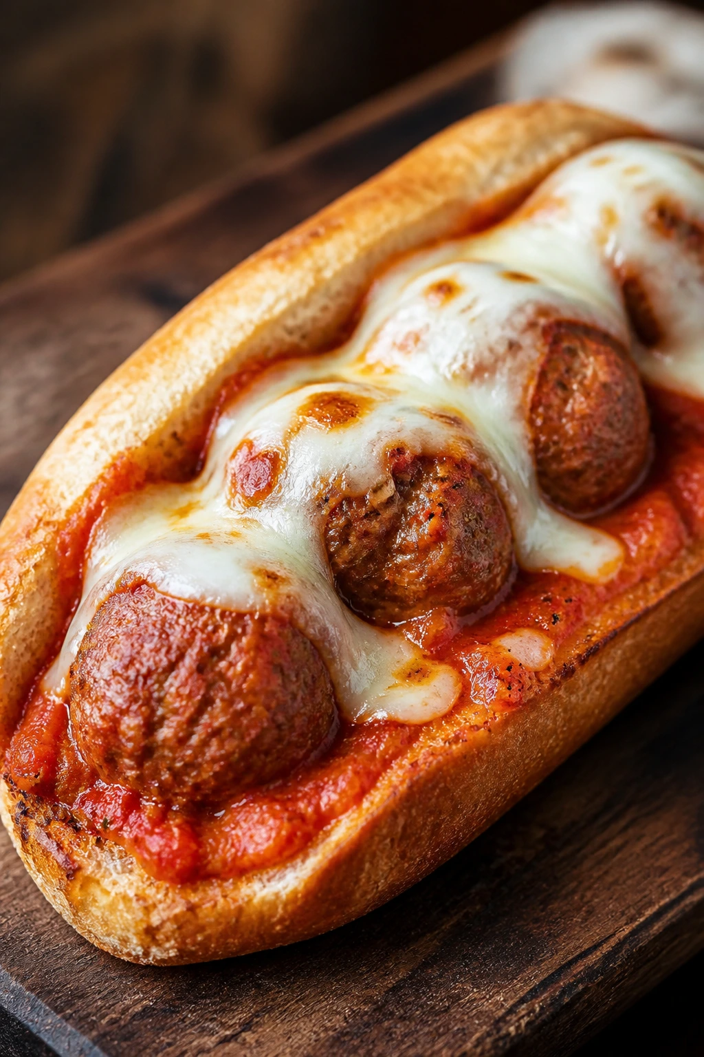 Close-up of beef-sausage meatball sub on wooden board