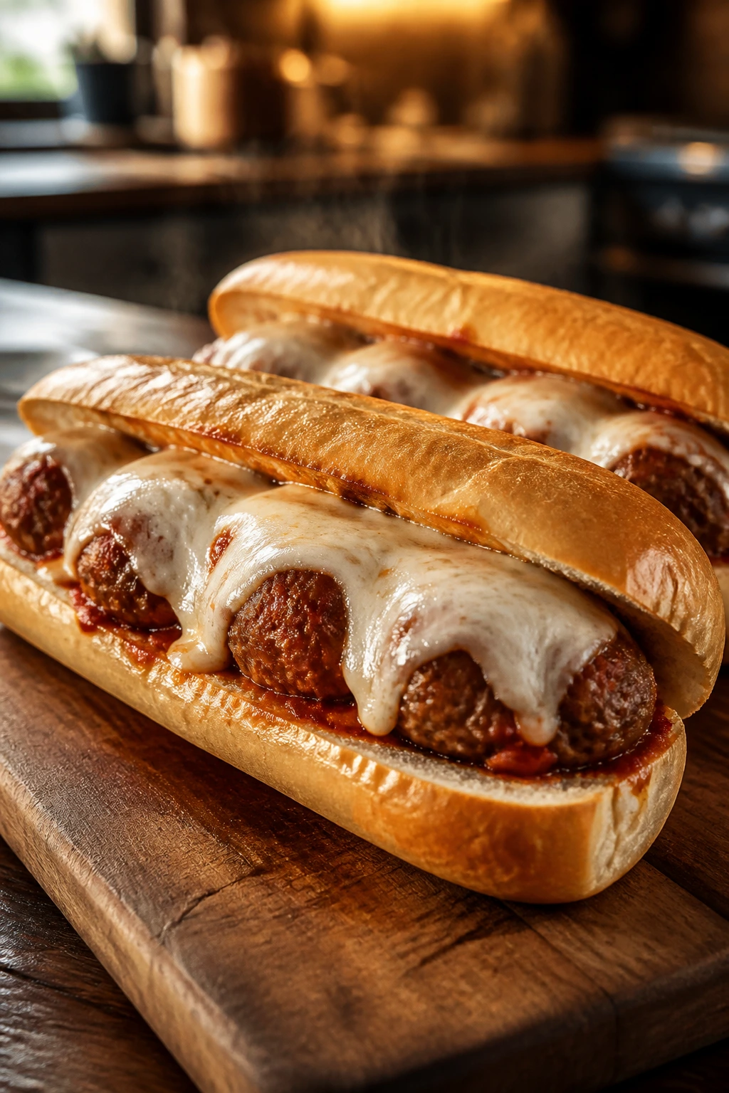 Close-up of meatball subs with melted cheese on a rustic wooden board.