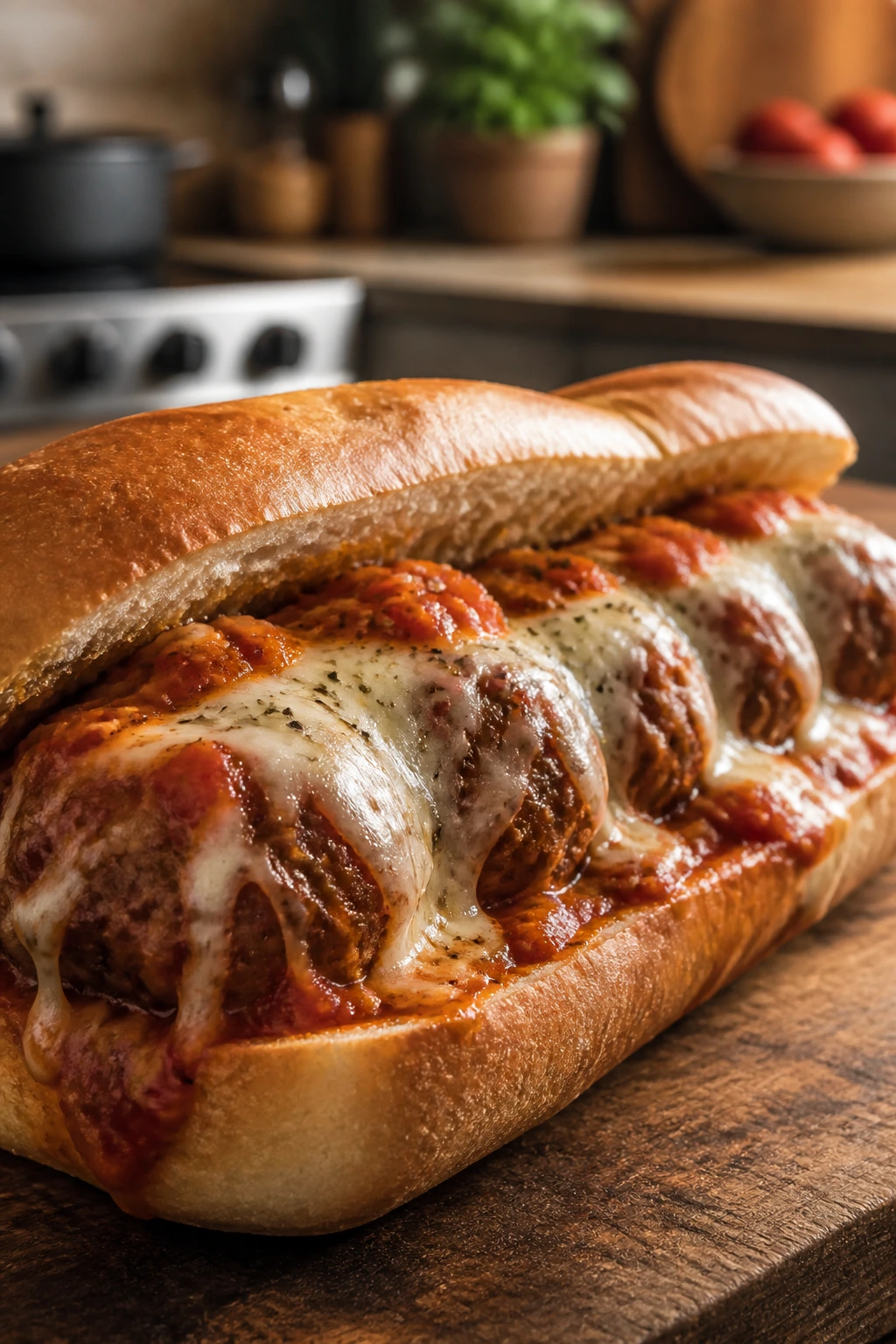 Fully loaded meatball sub sandwich on a wooden board with melted cheese