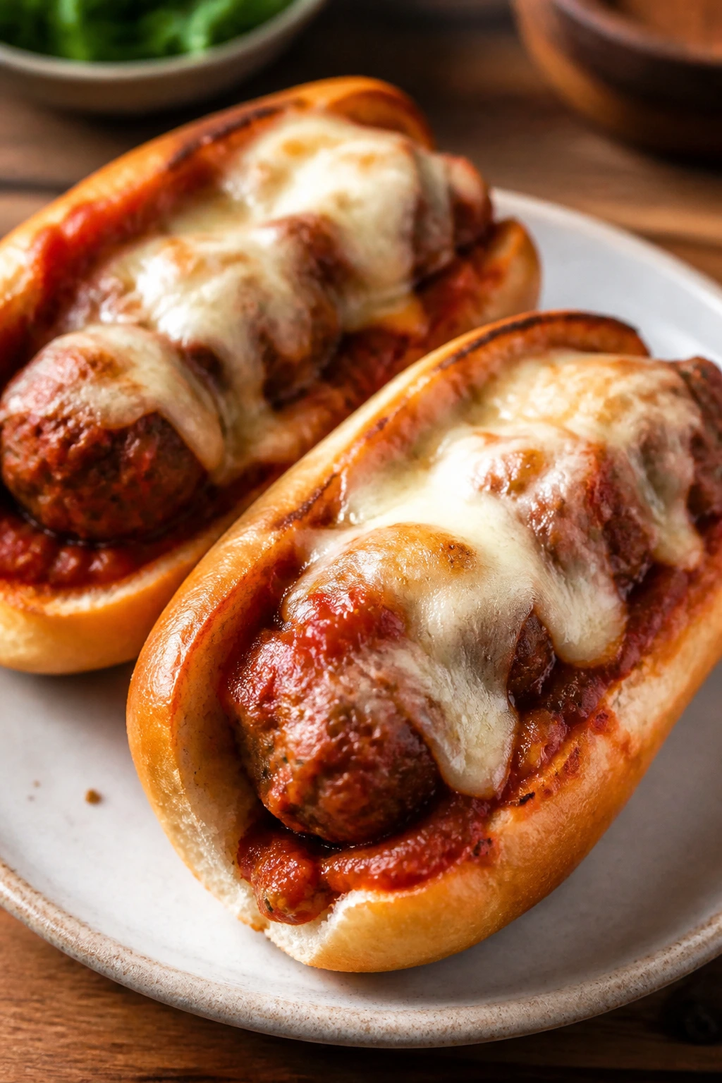 Close-up of mini meatball subs on a plate on a wooden table