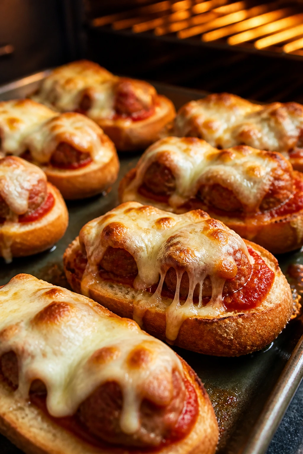 Close-up of mini meatball subs with melted cheese and marinara.