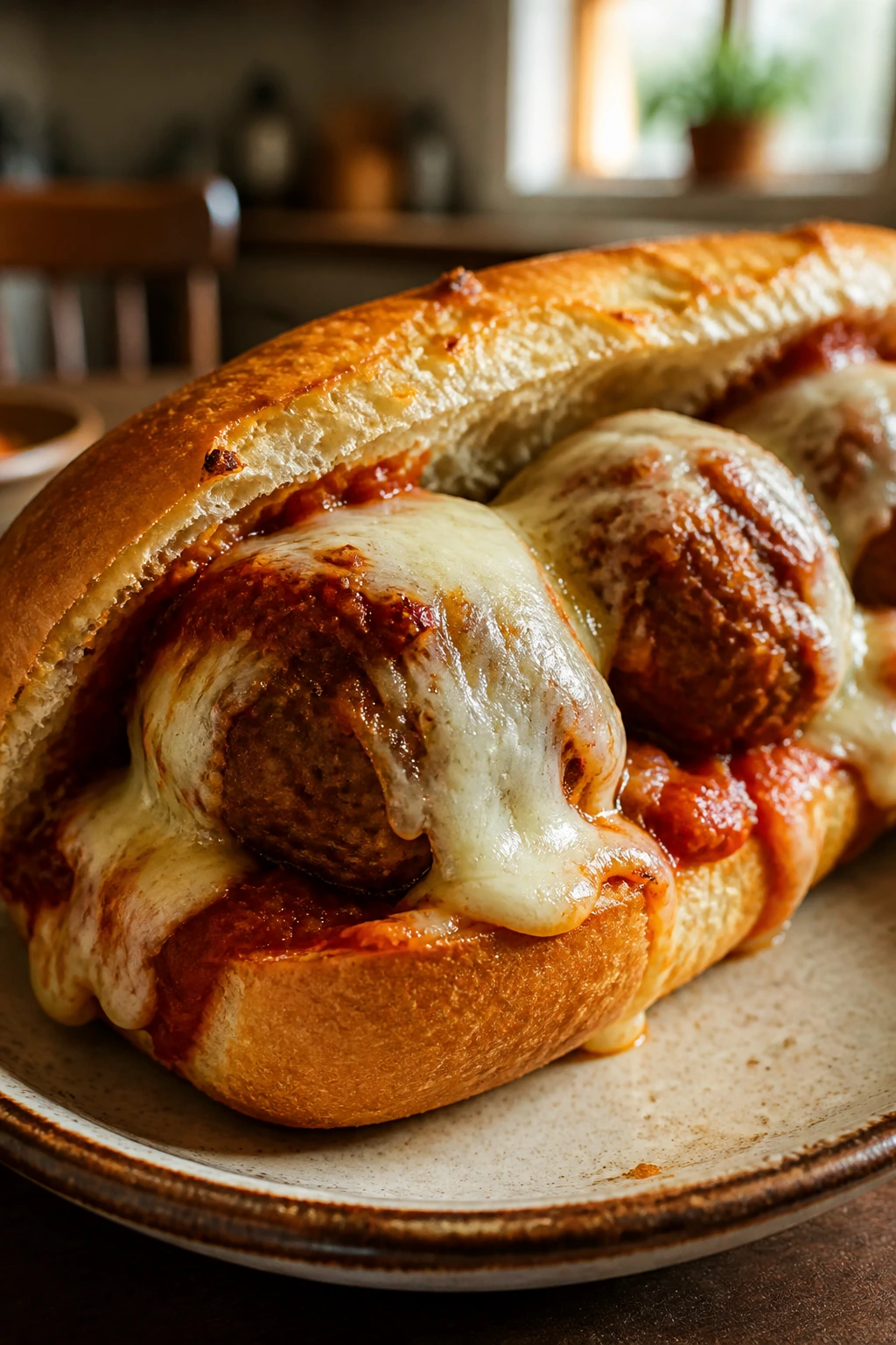 Close-up of a meatball sub sandwich with melted cheese
