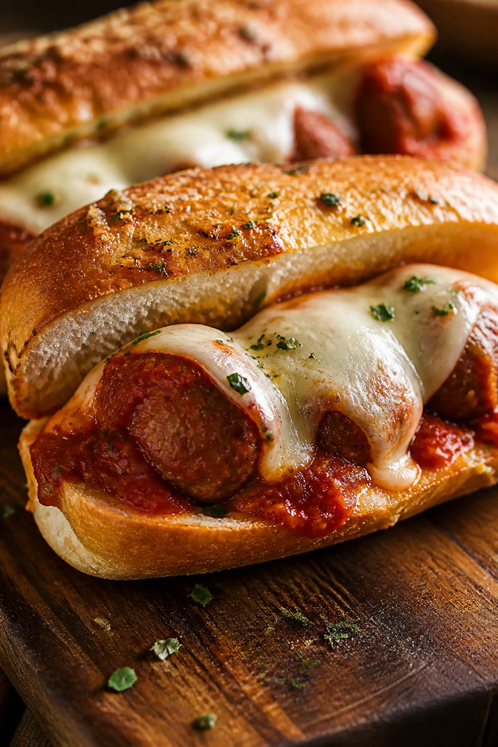 Meatball sub with melted cheese on toasted bread