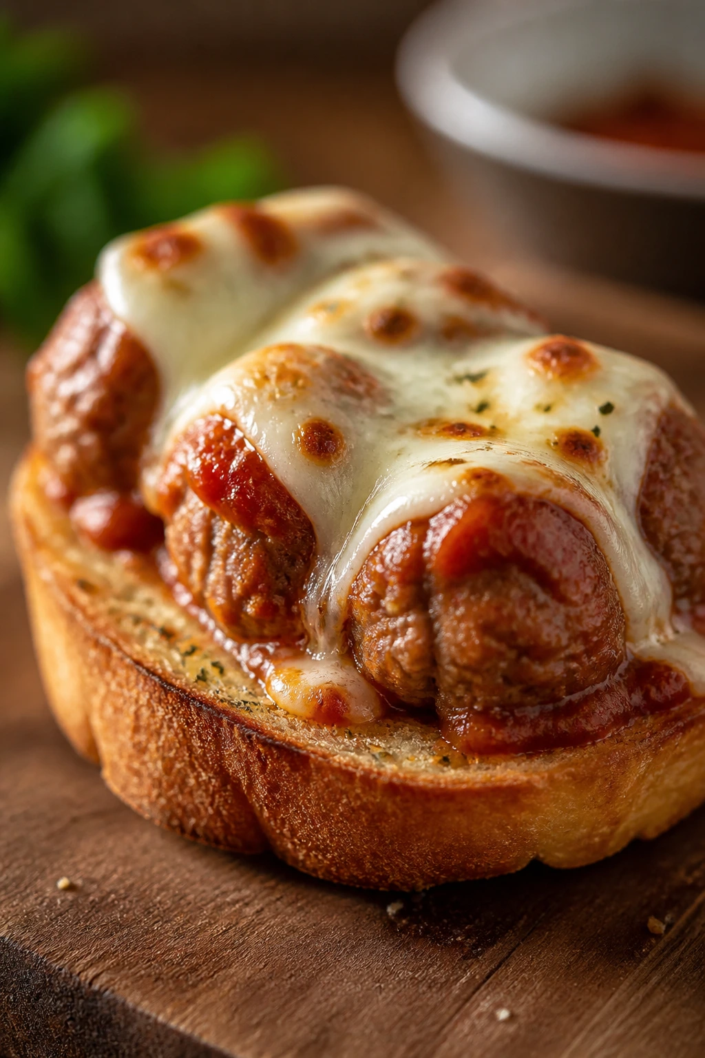 Close-up of mini meatball sub on garlic toast