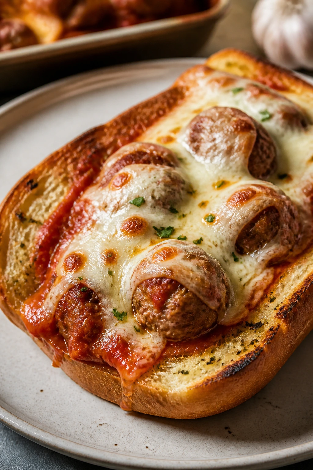 Meatball sub on garlic toast with marinara and melted cheese