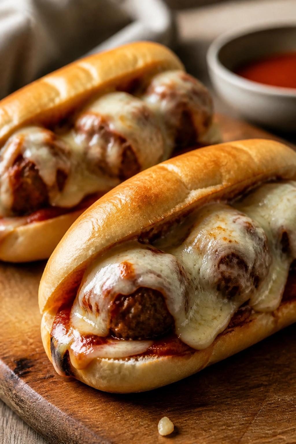 Two mini meatball subs with marinara and cheese on a wooden board