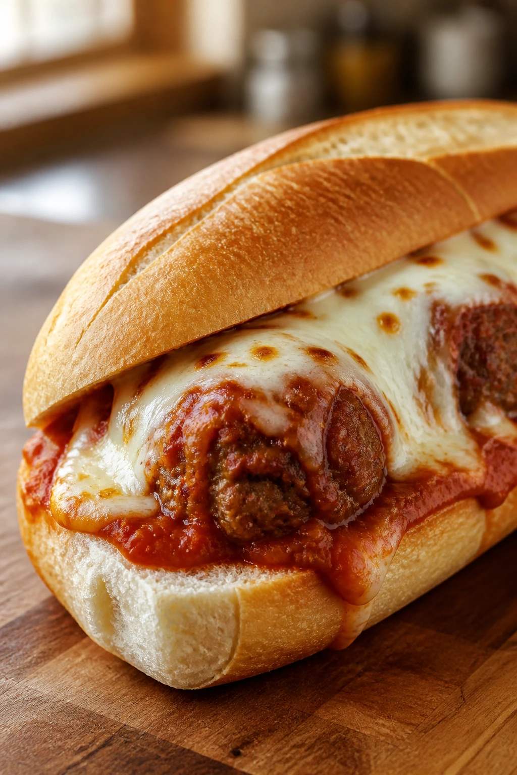 Close-up of a mozzarella-topped meatball sub on a cutting board