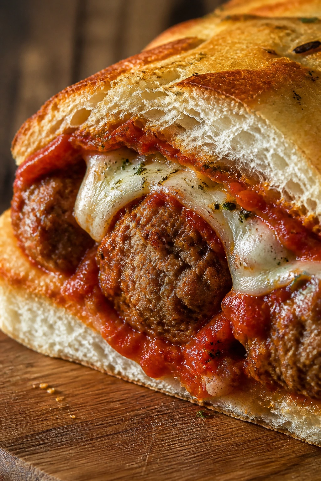Close-up of a meatball sub sandwich with marinara and melted cheese