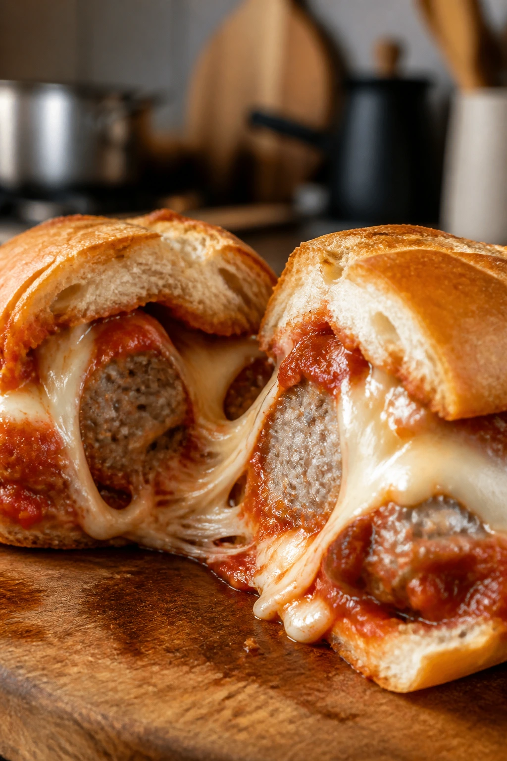 Close-up of meatball sub sandwich with marinara and melted cheese.