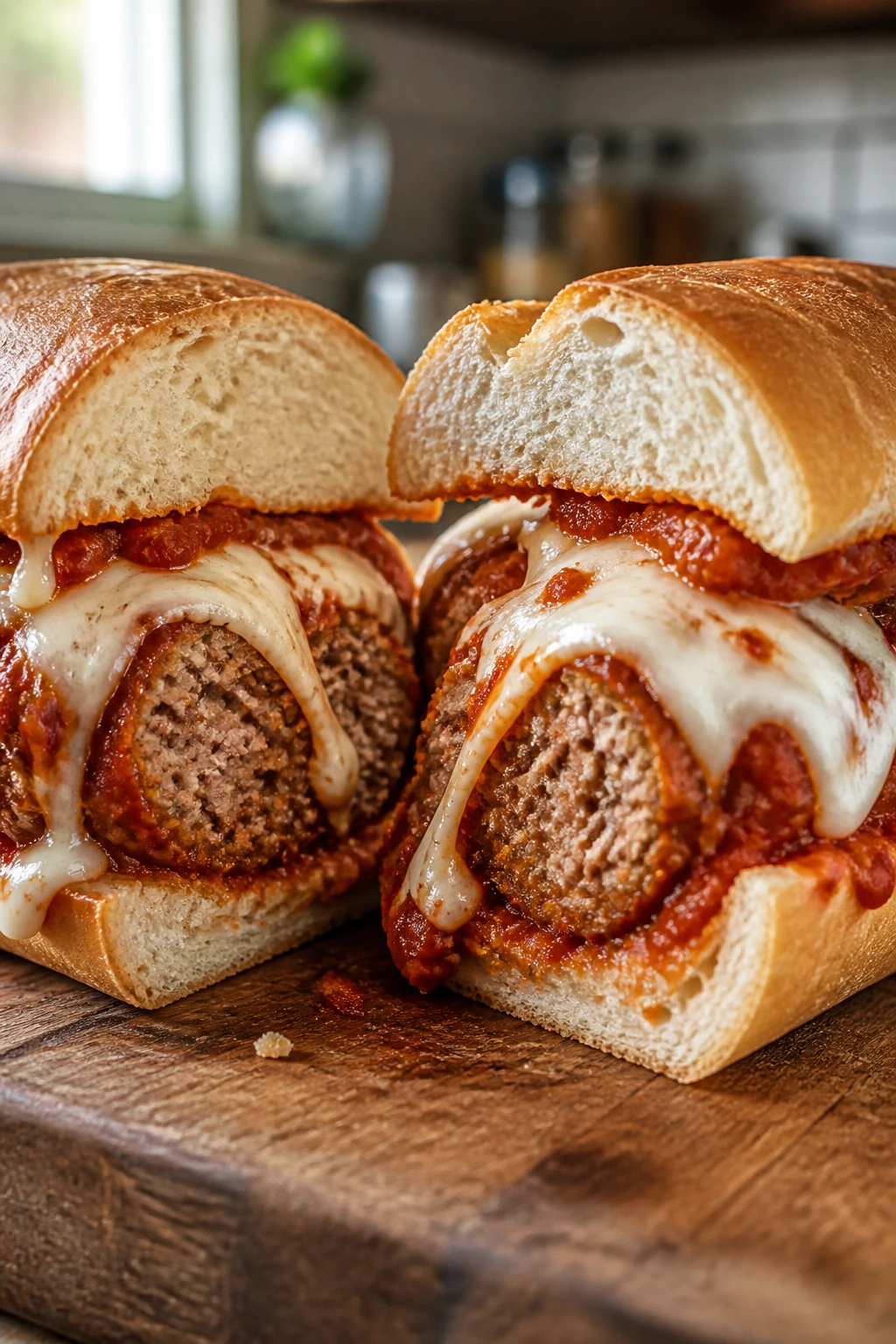 Close-up of a meatball sub sandwich on a wooden board showing saucy meatballs and melted cheese