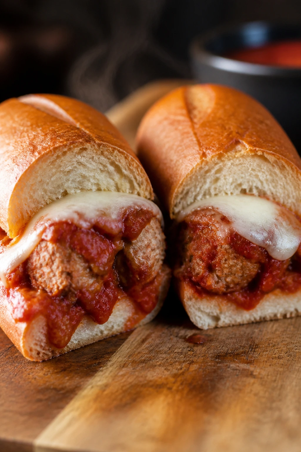 Meatball sub sandwich halved with sauce and melted cheese