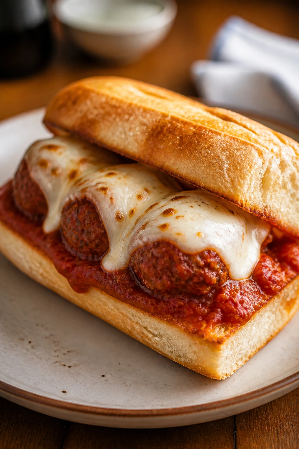 Meatball sub sandwich on a plate with melted cheese and marinara