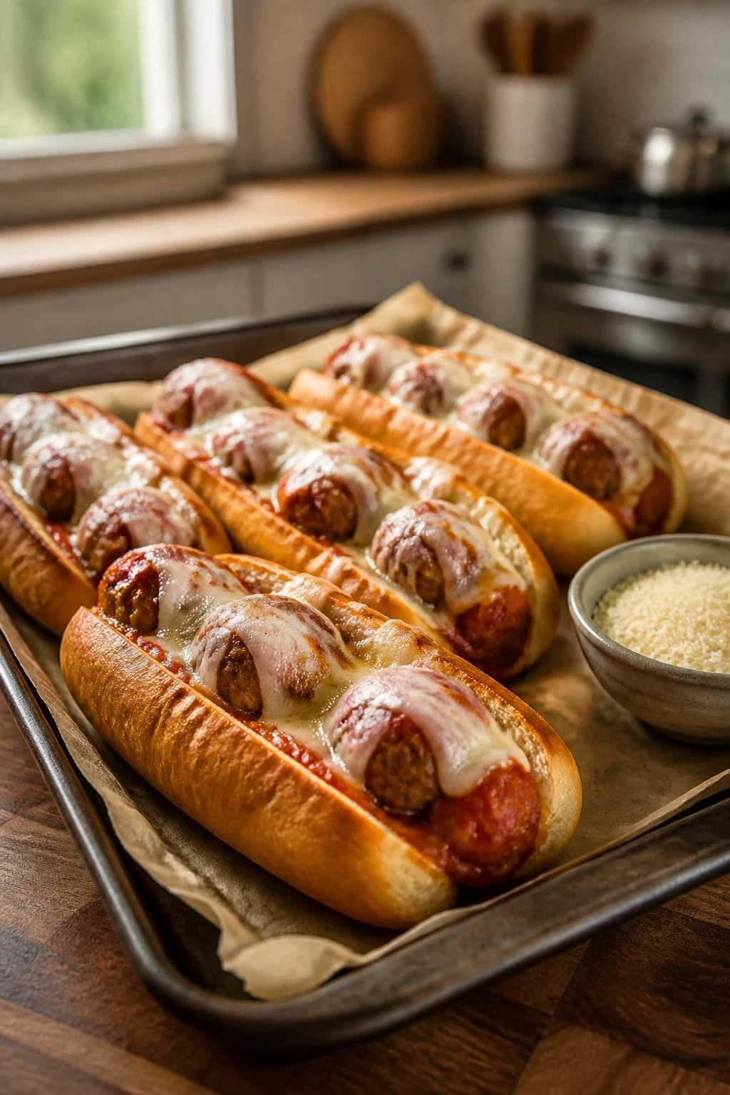 Tray of meatball subs with marinara and melted cheese on a parchment-lined tray