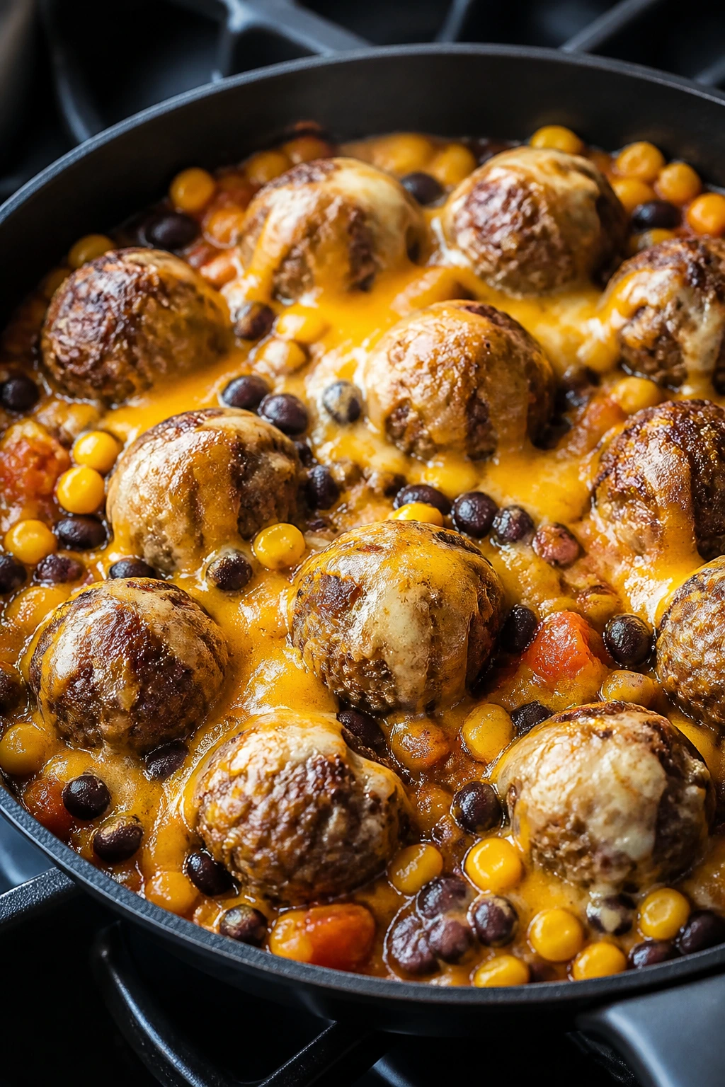Close-up of meatball taco skillet with corn and beans