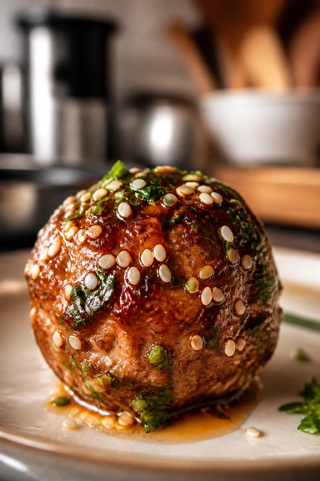 Sesame-seed coated meatball with herbs on plate
