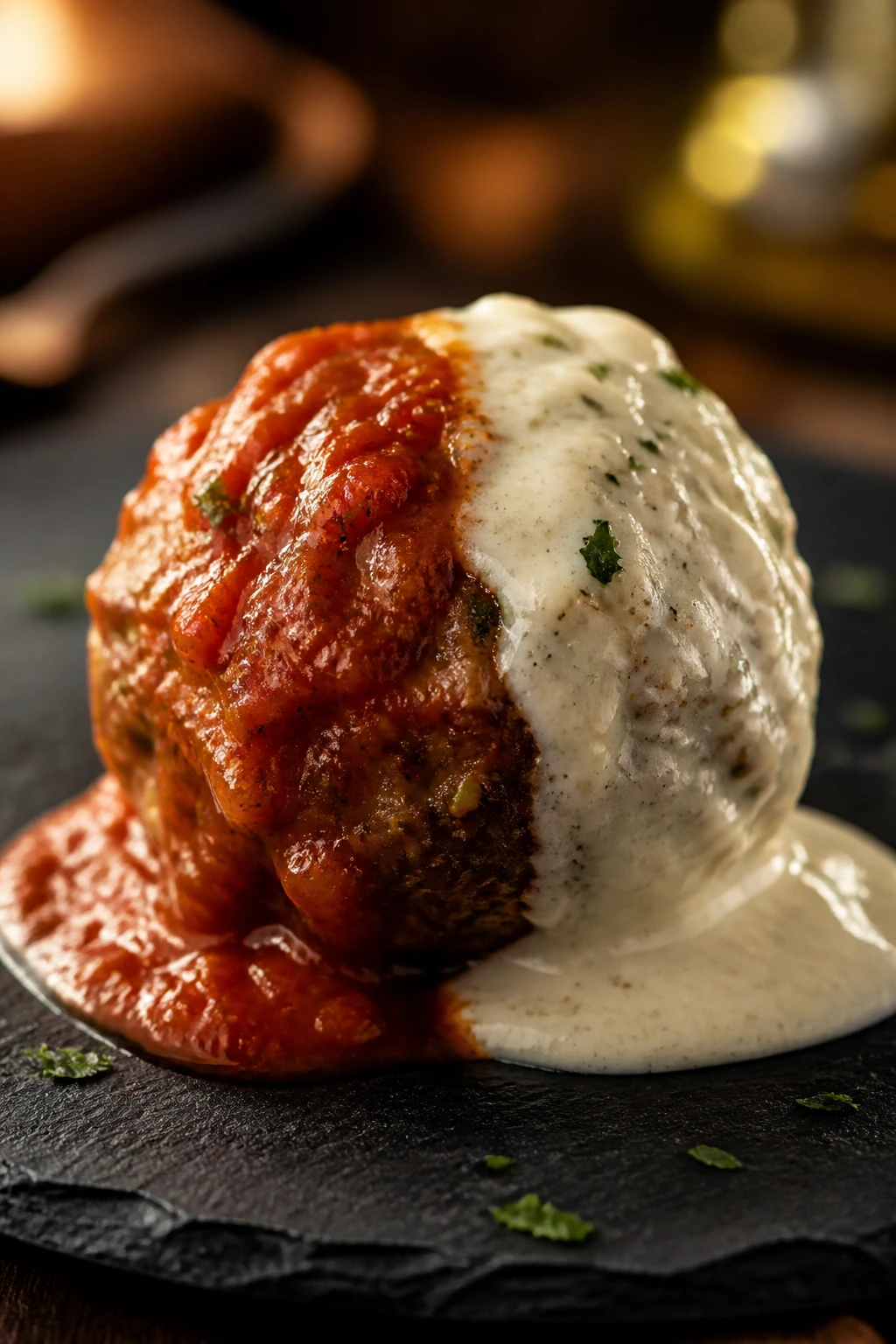 Meatball with two sauces showing variations.