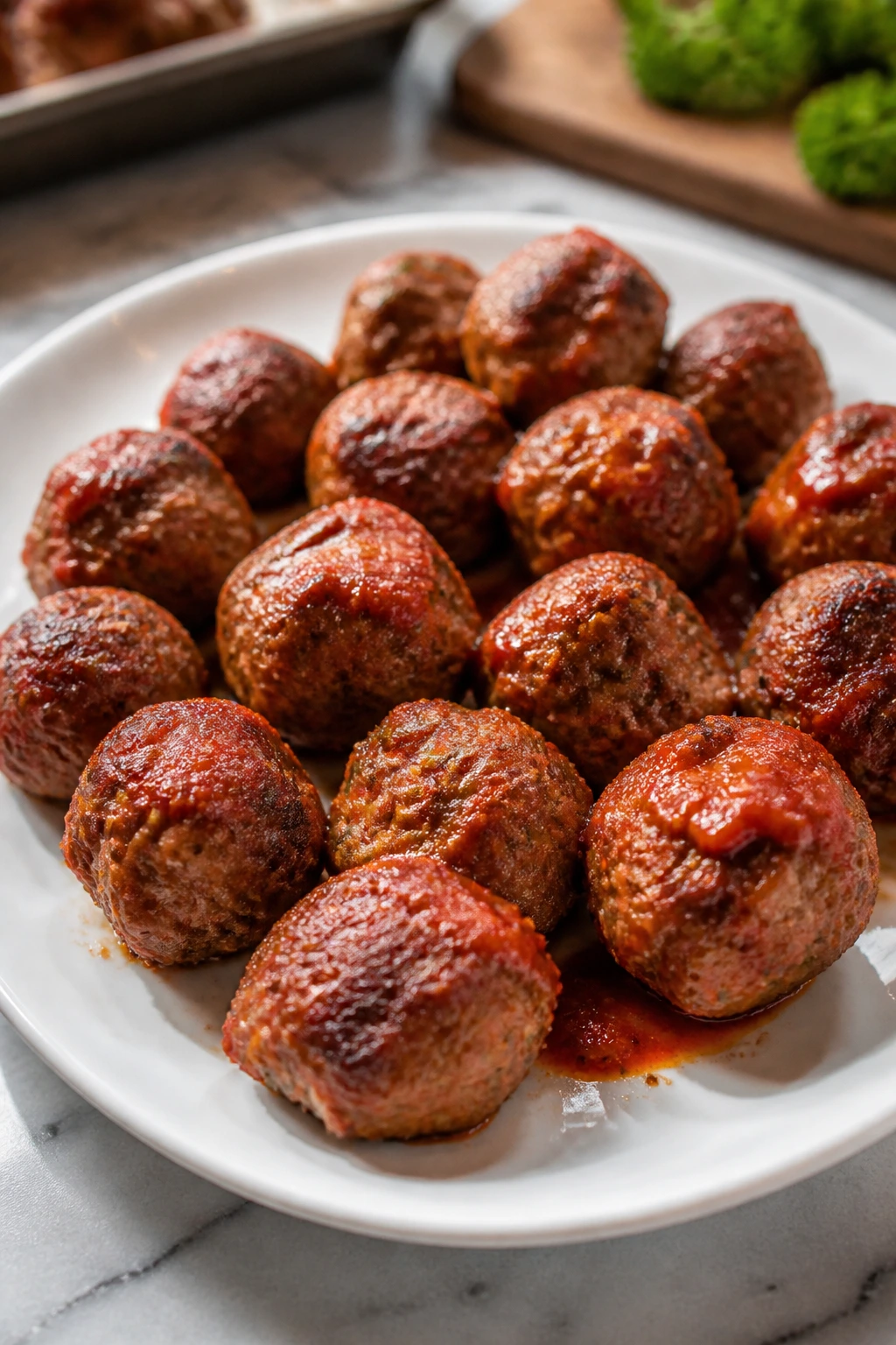 Close-up of oven-baked meatballs on a plate with marinara