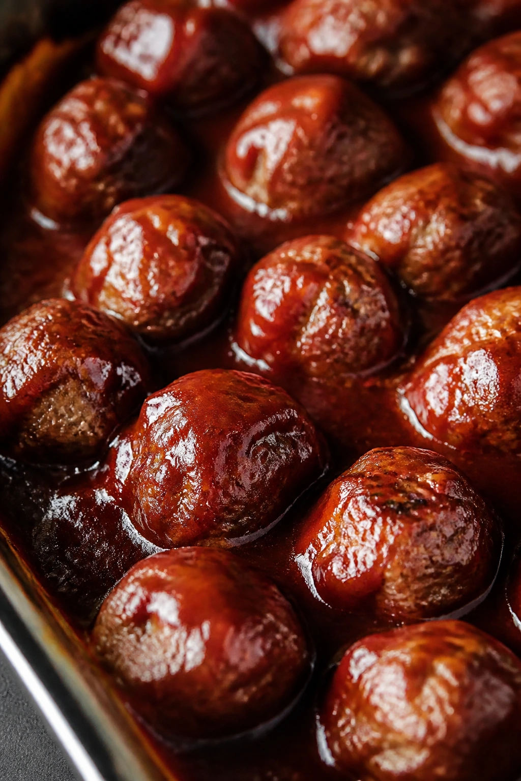 Pan of baked meatballs in barbecue sauce on a kitchen counter