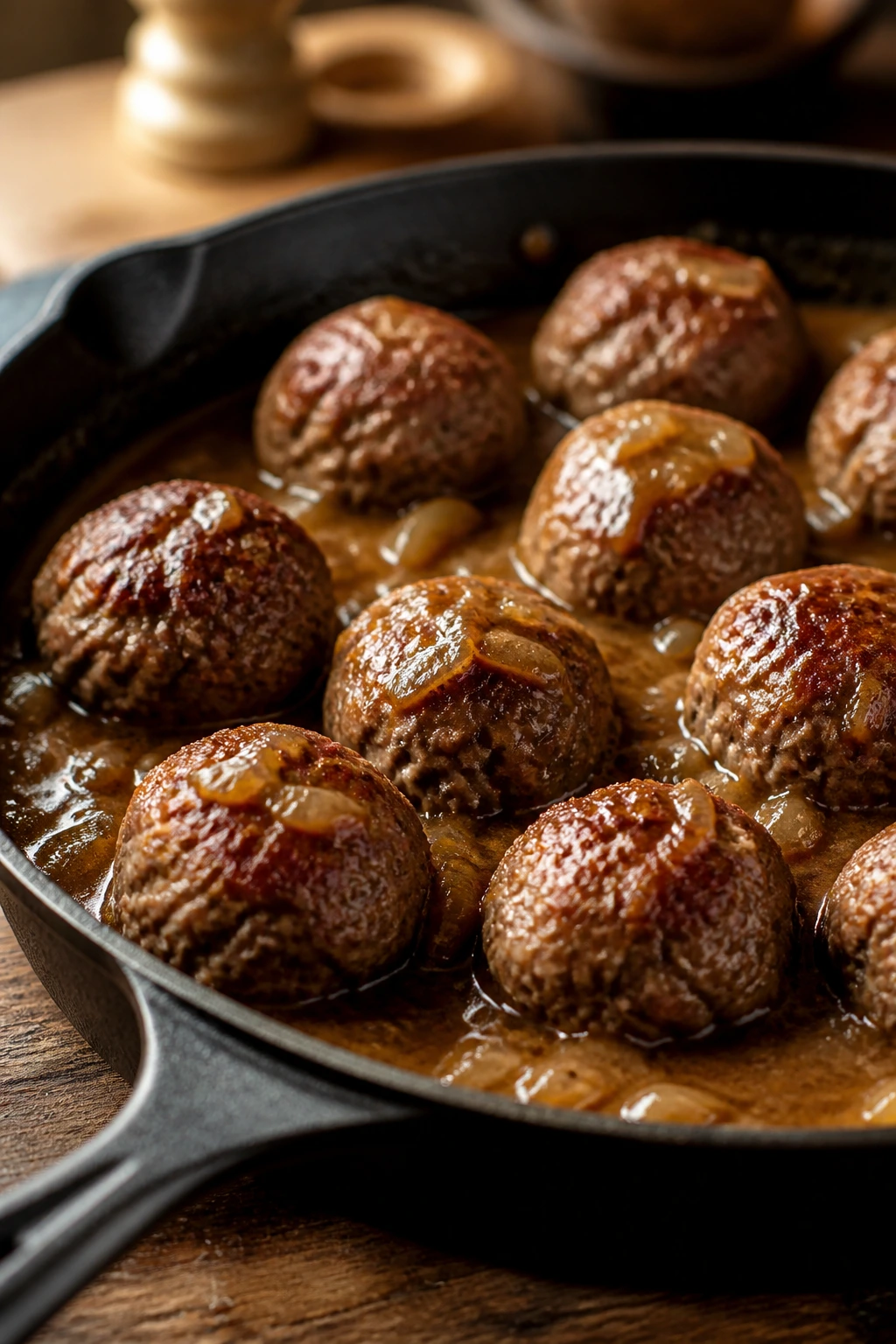 Close-up of tender beef meatballs in sauce in cast-iron skillet
