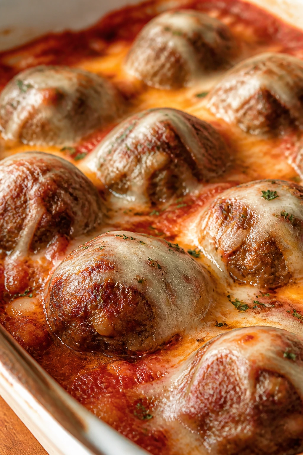 Baked meatballs with beef and sausage in marinara and mozzarella