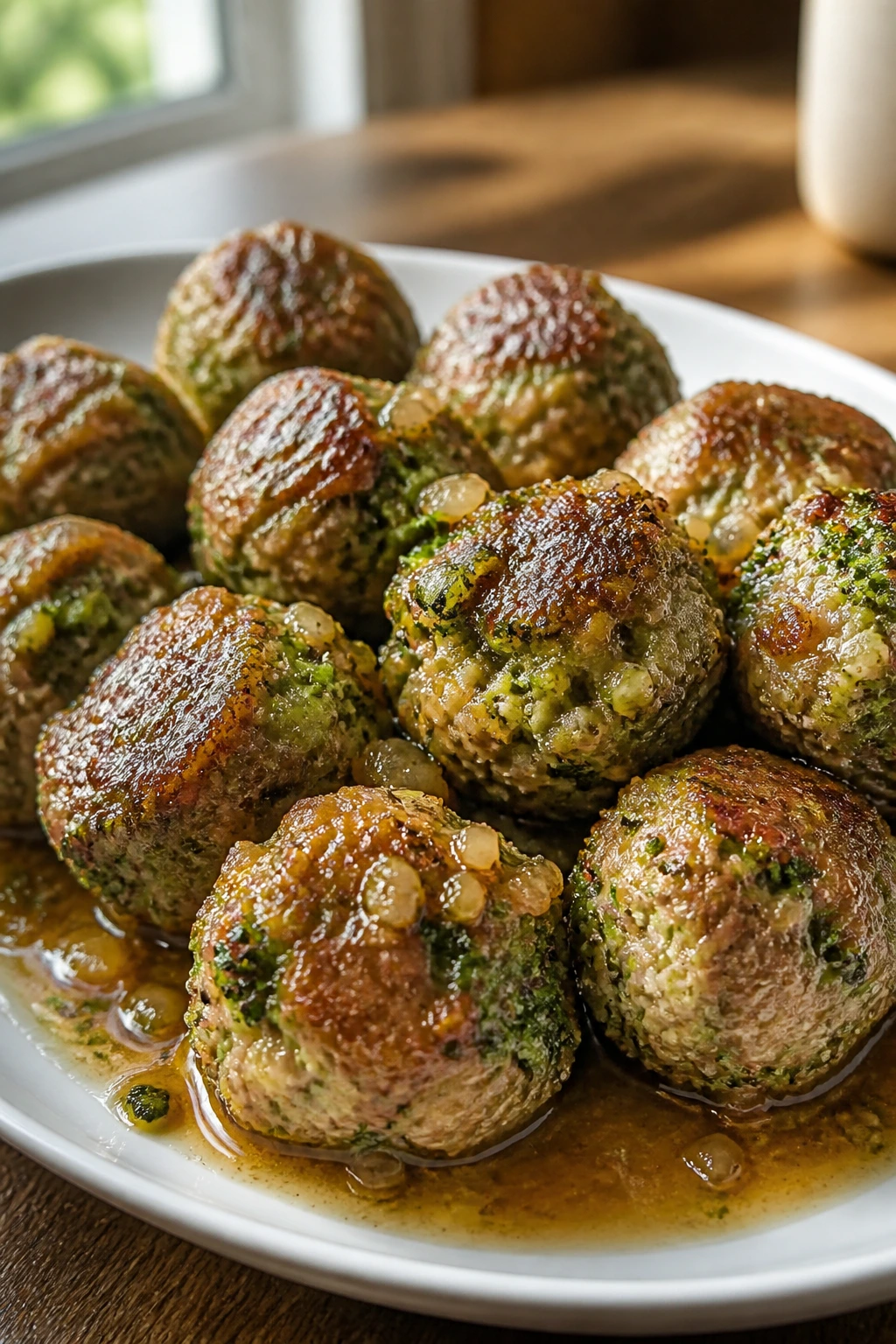 Close-up of broccoli-studded beef meatballs with garlic sauce.