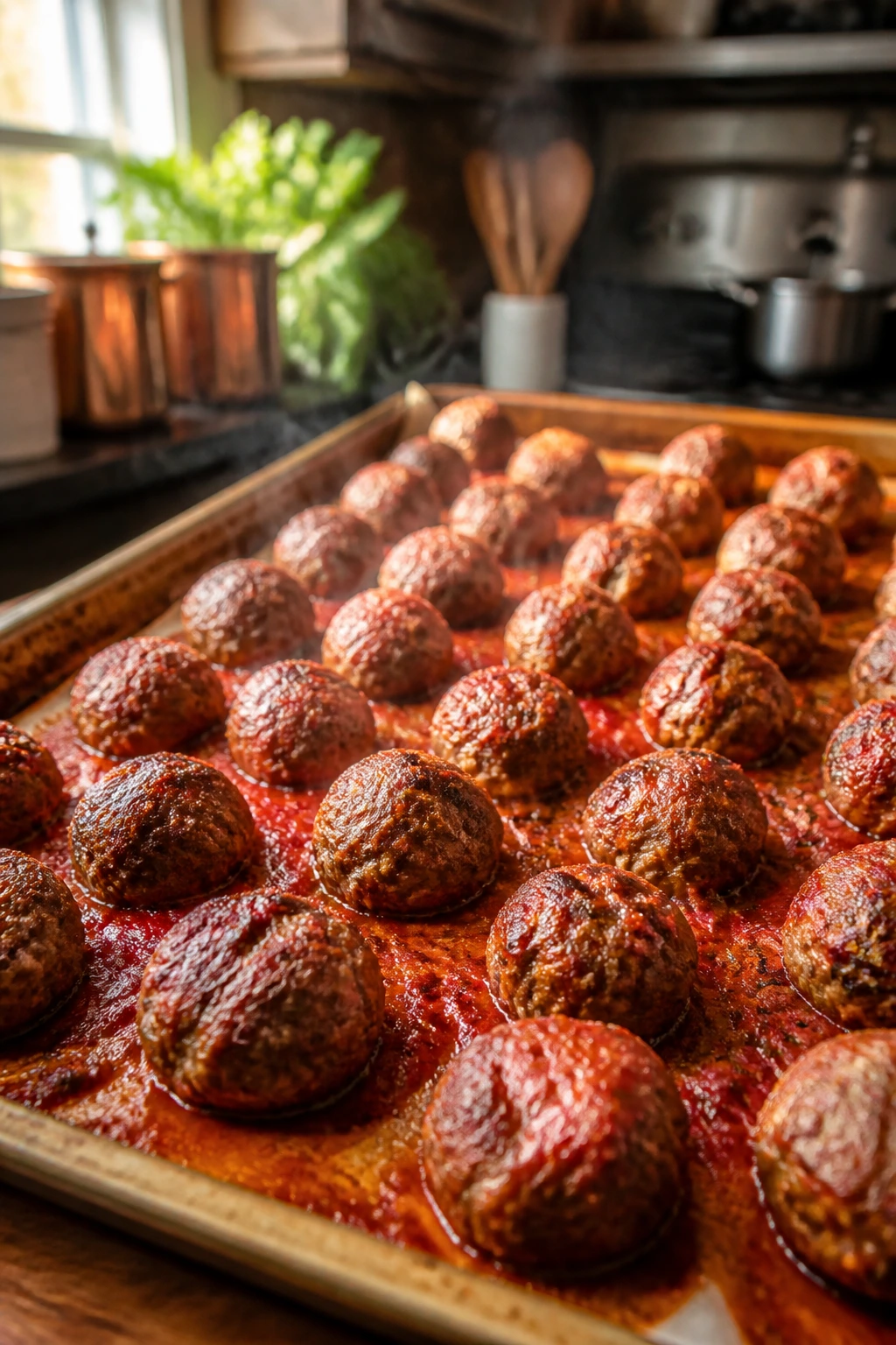 Sheet-pan meatball spread in marinara, big-batch Italian beef meatballs ready to serve.