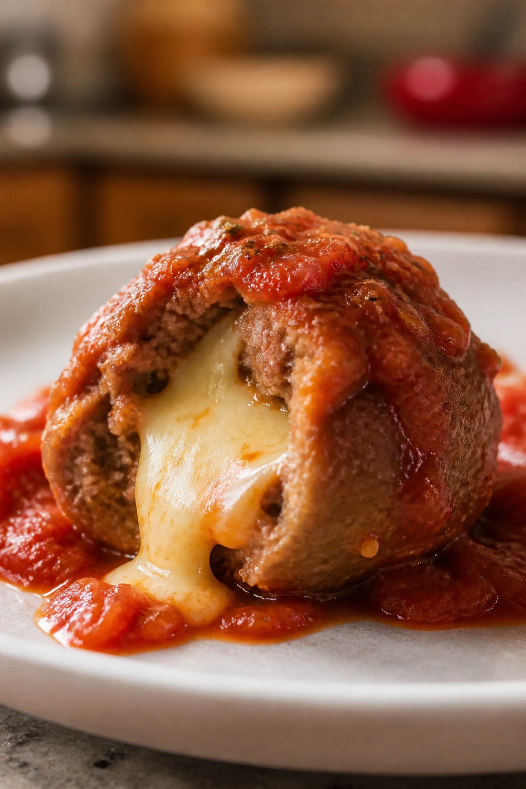Close-up of a pizza-stuffed meatball cut open to show melted cheese