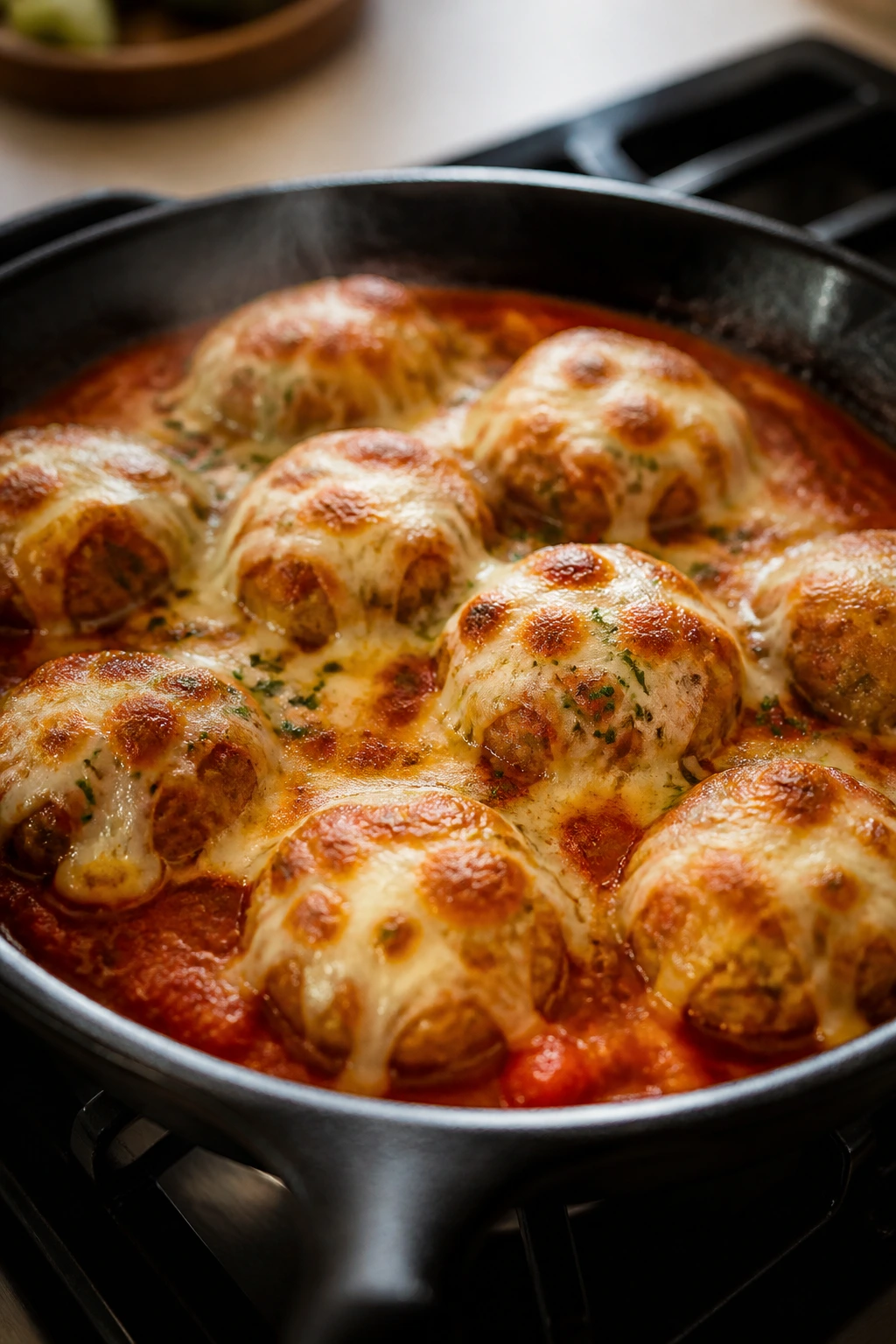 Meatballs in marinara with melted mozzarella in a skillet