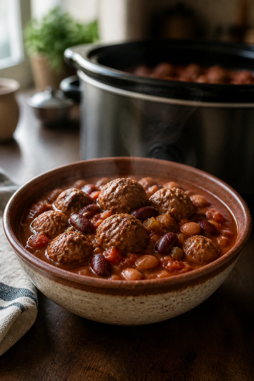 Close-up of slow cooker meatball chili in a rustic bowl with beans and meatballs, steam rising