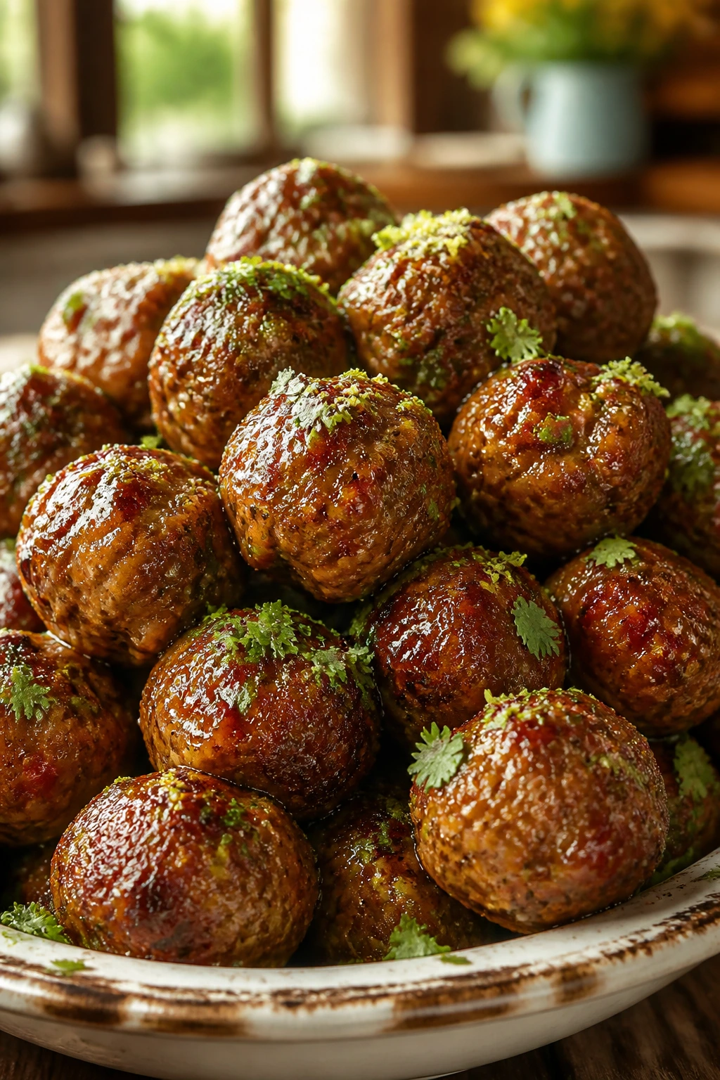Close-up of chili-lime meatballs with cilantro glaze on a rustic platter