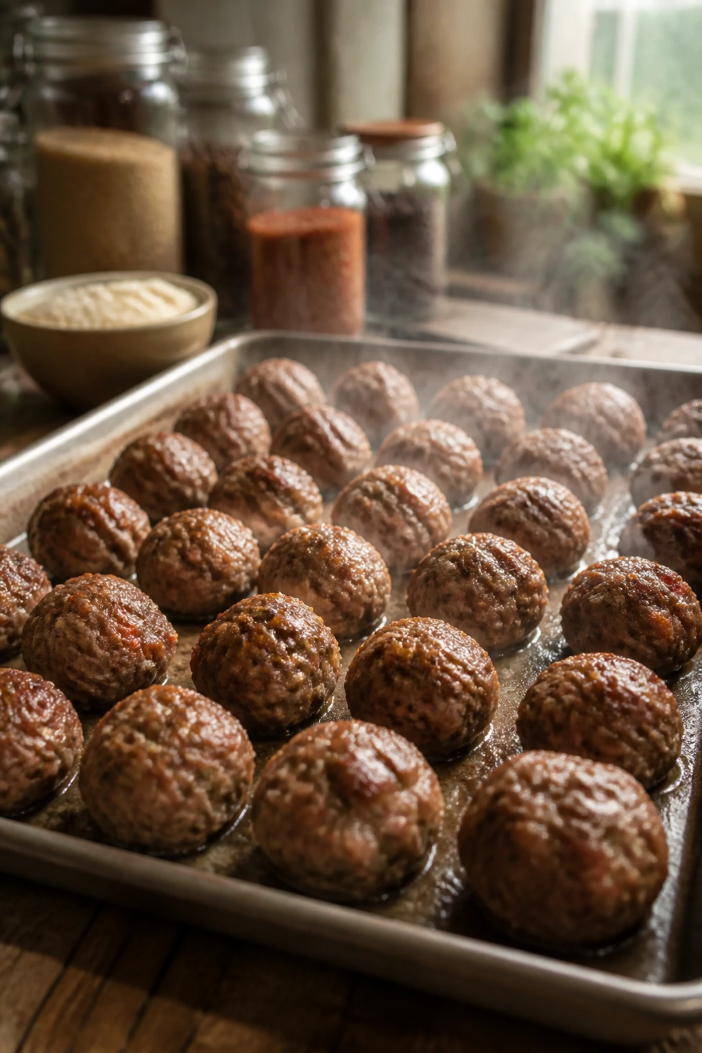 Close-up of a tray of meatballs filling the frame on a rustic kitchen counter.